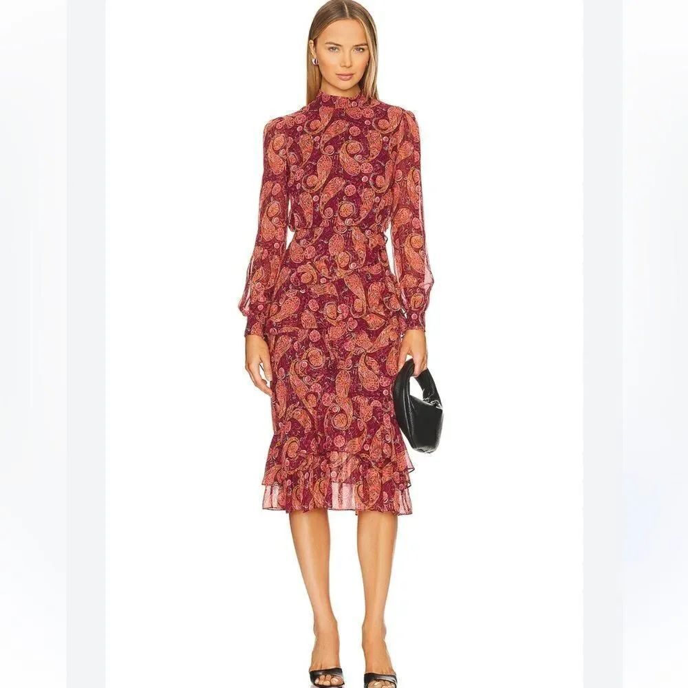 NWT Saloni Isa Ruffle Dress in Ruby Paisley Size 2 Revolve